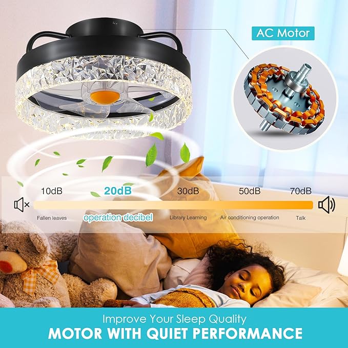 Flush Mount Ceiling Fan with Light - Small Low Profile Ceiling Fan,13" RGB Dimmable LED Bladeless Ceiling Fans, Modern Enclosed LED-RGB Ambient Light for Bedroom, Kids Room, Party