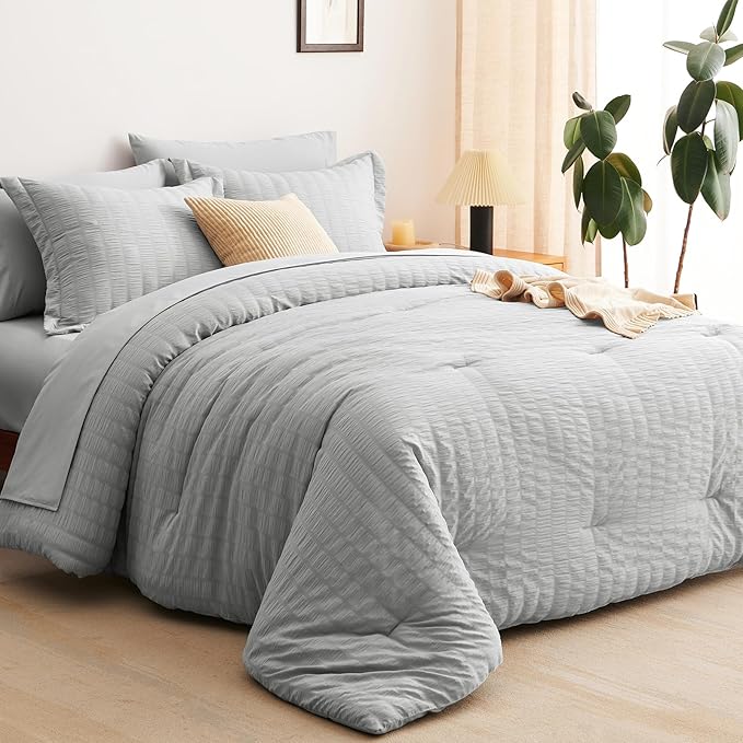 CozyLux Queen Comforter Set Light Grey Seersucker 7 Pieces Bed in a Bag Queen Comforter Set with Sheets Luxury Soft Bedding Set with Down Alternative Comforter, Sheets, Pillowcases & Shams All Seasons
