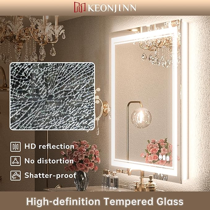 Keonjinn LED Bathroom Mirror with lights, 55" x 30" with Frontlit and Backlit, Stepless 3 Colors Temperature & Dimmable Large Tempered Glass Mirror, UL Listed LED Driver Double LED Strip Vanity Mirror