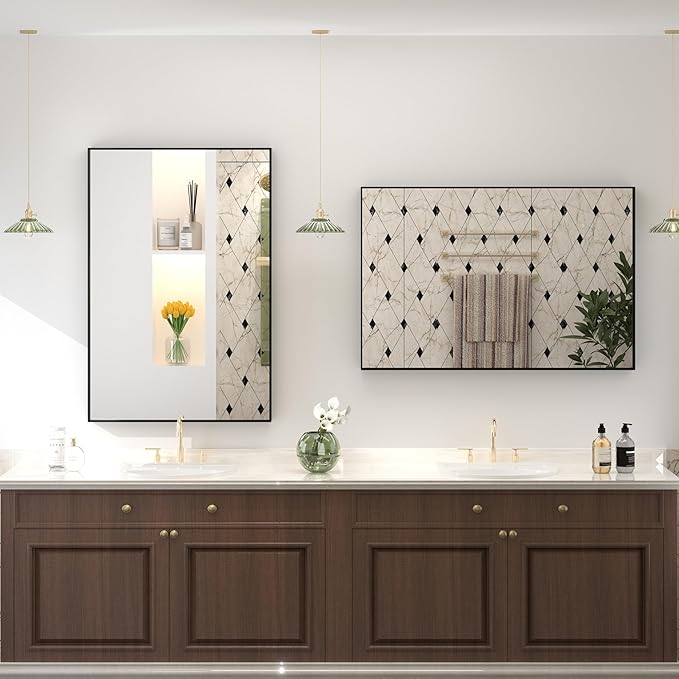 28x32 Inch Black Rectangle Bathroom Mirror, Matte Black Framed Vanity Mirror for Wall, Square Corner, Anti-Rust, Hangs Horizontally or Vertically