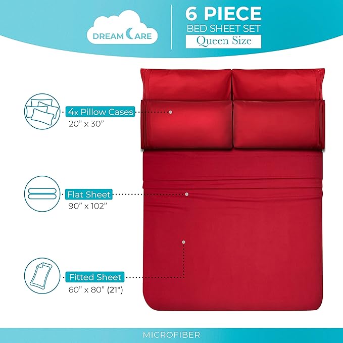 DREAMCARE Queen Sheet Set – 6 pcs Cooling Bed Sheets – up to 21” Deep Pocket Queen Sheets Set – 2500 Supreme Collection – Extra Soft 100% Brushed Microfiber Hotel Luxury with Side Pocket – Burgundy