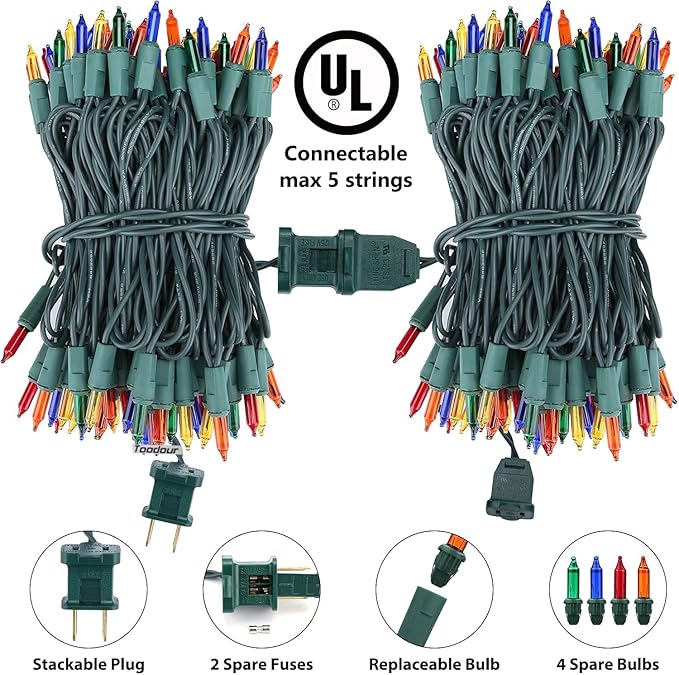 Toodour Multicolor Christmas Lights, 25ft 100 Count Incandescent Christmas String Lights, UL Certified Connectable Green Wire Xmas Lights for Tree, Holiday, Party, New Year, Indoor Xmas Decorations