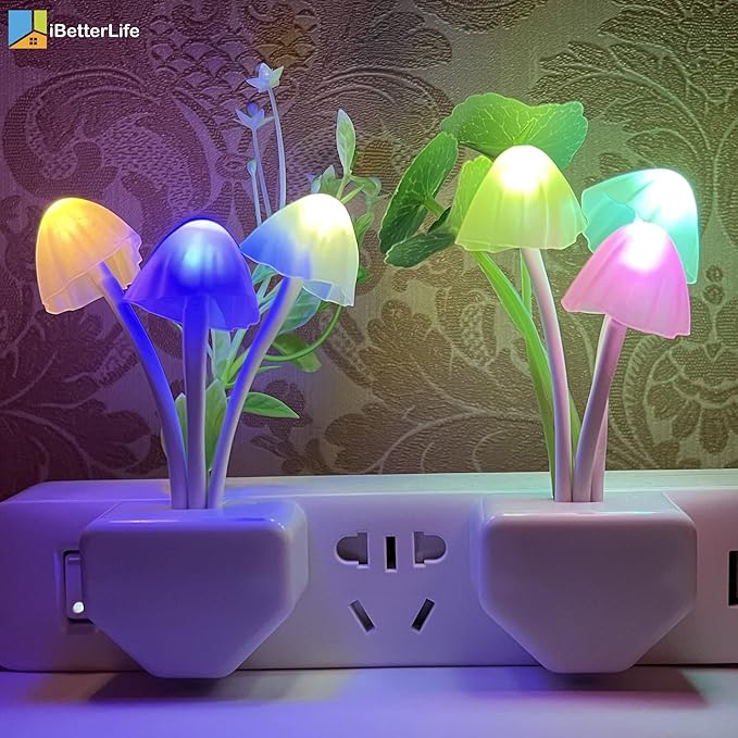 iBetterLife LED Smart Sensor 0.6W Color Changing Plug-in Night Lights for Kids Adults Cute Mushroom Bedroom Home Decor Light Wall Lamps