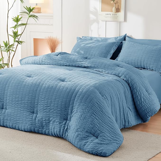 HYMOKEGE Mineral Blue California King Comforter Set Seersucker 7 Pieces, All Season Luxury Bed in a Bag for Bedroom, Bedding Set with Comforter, Sheets, Pillowcases & Shams