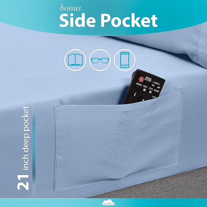 DREAMCARE King Size Sheets Set – 6 pcs Cooling Bed Sheets – up to 21” Deep Pocket King Sheet Set – 2500 Supreme Collection – Extra Soft 100% Brushed Microfiber Hotel Luxury with Side Pocket – L Blue