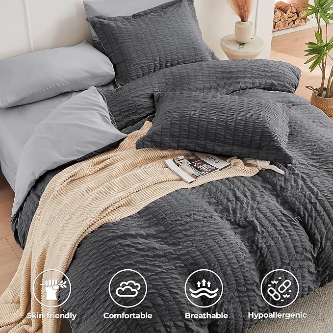 HYMOKEGE Dark Grey/Light Grey Queen Comforter Set Seersucker 7 Pieces, All Season Luxury Bed in a Bag Queen for Bedroom, Bedding Set with Comforter, Sheets, Pillowcases & Shams