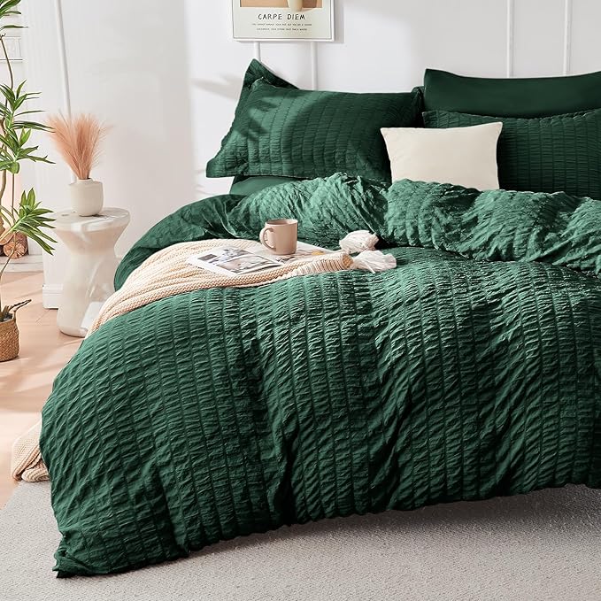 HYMOKEGE Emerald Green King Size Comforter Set Seersucker 7 Pieces, All Season Luxury Bed in a Bag for Bedroom, Bedding Set with Comforter, Sheets, Pillowcases & Shams
