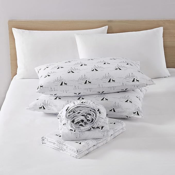 Eddie Bauer - King Sheets, Cotton Flannel Bedding Set, Brushed For Extra Softness, Cozy Home Decor (Dog Friends White, King)