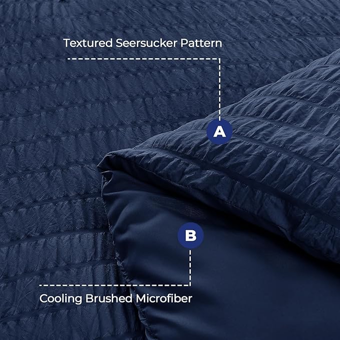 HYMOKEGE Navy Blue Twin XL Comforter Set Seersucker 5 Pieces, All Season Luxury Bed in a Bag for Bedroom, Bedding Set with Comforter, Sheets, Pillowcase & Sham