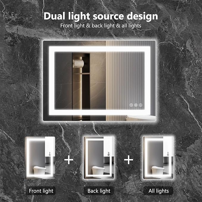 DUMOS 32"x 25" LED Bathroom Mirror with Lights, Anti-Fog Front Lit Backlit Lighted Wall Mounted Mirrors with Memory Function for Vanity, Makeup