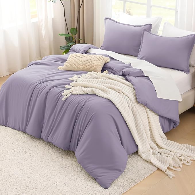 Litanika Grayish Lavender Purple Comforter Set Queen Size, 3 Pieces Lightweight Solid Bedding Comforter Set, All Season Fluffy Bed Set (90x90In Comforter & 2 Pillowcases)