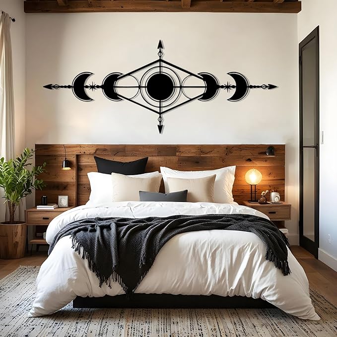 Hfrolixit Moon Phase Metal Wall Decor, Boho Moon Metal Wall Art, Celestial Wall Decor, Scandinavian Natural Wall Art, Astrology Wall Hanging (Silver, 59"x24"/150x60cm)