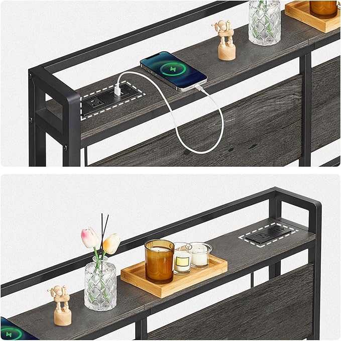 HOOBRO Headboard Queen Size, Headboard with 2 Outlets and 4 USB Ports, Adjustable Height, Storage Rack, Sturdy and Stable, Easy Assembly, Charcoal Gray and Black