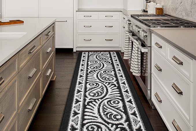 Custom Length Cut to Size Tribal Ethnic Southwestern Inspired Hallway Runner Rug, Non Slip Rubber Backed, 31 inch Wide X Customized Length, Mayan Black, 31 inch X 20 feet