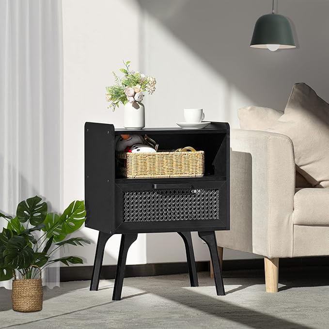 Lerliuo Rattan Nightstands Set of 2, Boho Side Table with Drawer Open Shelf, Cane Accent Bedside End Table with Solid Wood Legs for Bedroom, Dorm and Small Spaces (Black)