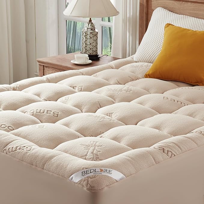 BEDLORE California King Mattress Topper Viscose Derived from Bamboo, Thick Pillow Top Mattress Pad with Stretchable Pockets for 6"-18" Mattress, Soft Mattress Topper for Back Pain Relief(Beige)