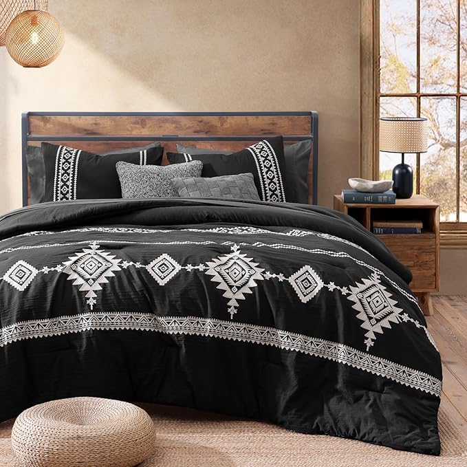 MaiRêve Embroidery King Size Comforter Set Black, Boho Farmhouse Western Bedding Set 7 Pieces, All Season Bed in A Bag Comforter Set with Sheets, Pillowcases & Shams