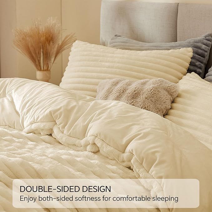 BEDELITE Fleece Queen Comforter Set -Super Soft & Warm Fluffy Beige Bedding, Luxury Fuzzy Heavy Bed Set for Winter with 2 Pillow Cases