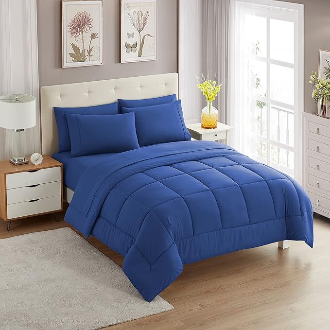 Sweet Home Collection 7 Piece Comforter Set Bag Solid Color All Season Soft Down Alternative Blanket & Luxurious Microfiber Bed Sheets, Royal Blue, Twin XL