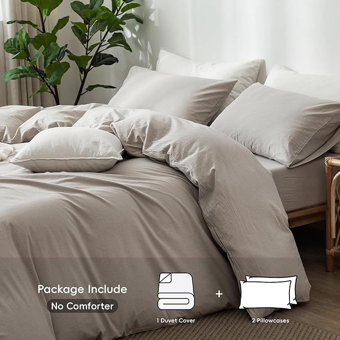MooMee Bedding Duvet Cover Set 100% Washed Cotton Linen Like Textured Breathable Durable Soft Comfy (Heathered Cream Grey, Cal King 104"x98")