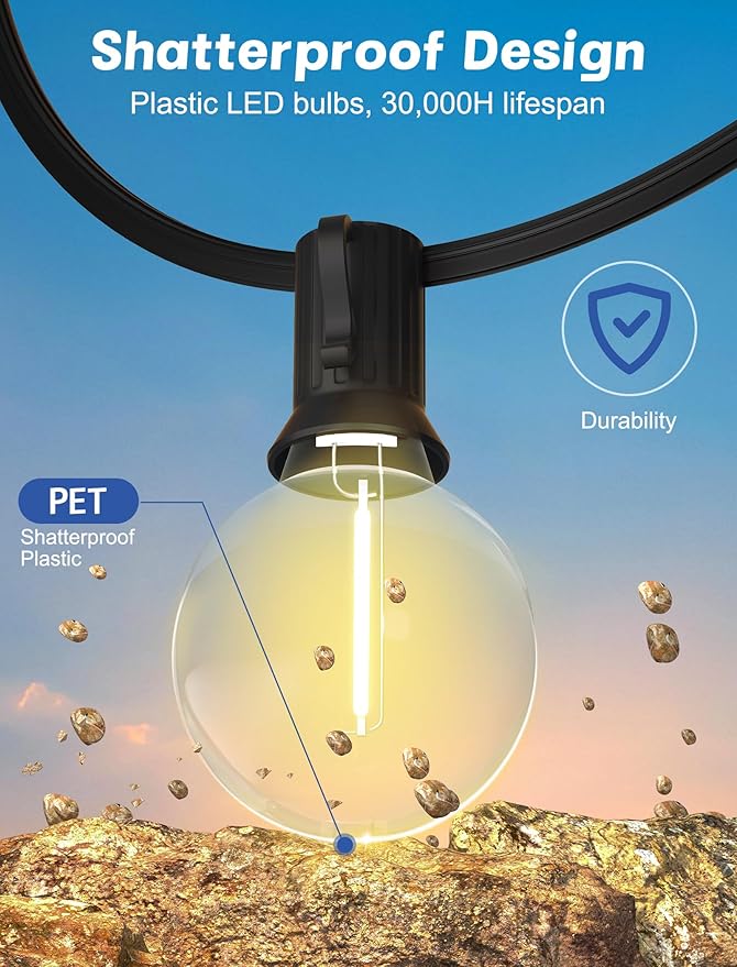 SUNSGNE 100Ft LED Outdoor String Lights - G40 Globe String Lights Waterproof Shatterproof with 52 Dimmable LED Bulbs for Room Party Bistro Pergola Tents, Black Wire