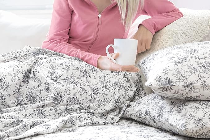 Laura Ashley - Flannel Sheets Twin Size, Anti-Pilling & Wrinkle Resistant Cotton, Touchably Soft for All-Season Comfort - Bed Sheets with Matching Pillowcase & Fitted Sheet (Faye Toile Black)
