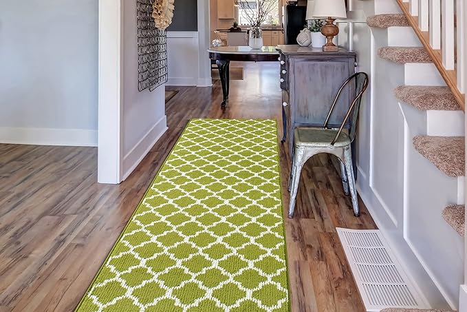 Custom Size Moroccan Trellis Runner Rug Mat for Wide Hallway Entryway Kitchen Laundry Room with Slip Resistant Latex Rubber Backing, Trellis Green, 31 inch X 12 feet