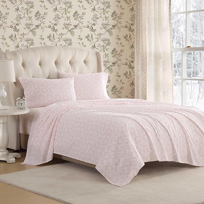 Laura Ashley - Flannel Sheets Twin Size, Anti-Pilling & Wrinkle Resistant Cotton, Touchably Soft for All-Season Comfort - Bed Sheets with Matching Pillowcase & Fitted Sheet (Antoinette Pink)