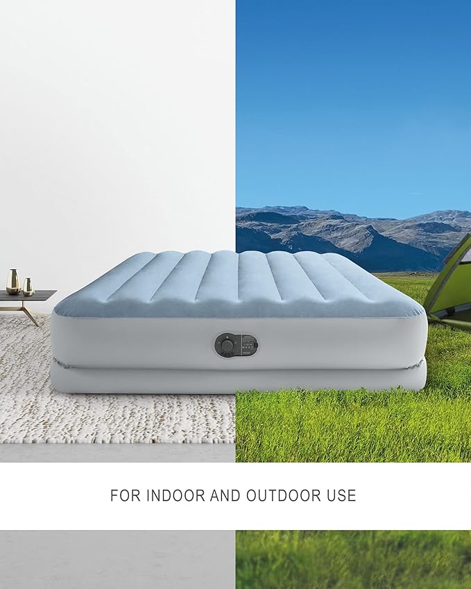 Intex 64159E Dura-Beam Plus Mid-Rise Air Mattress: Fiber-Tech - Queen Size - Built-in USB Electric Pump - 14in Bed Height - 600lb Weight Capacity