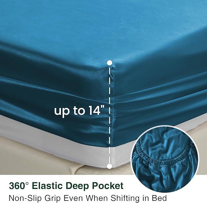 Love's cabin Satin King Sheet Sets - 4 Piece Teal Silky Sheets King Size Bed Set with Deep Pocket, Luxury Silk Feel King Size Satin Sheet Set (1 Flat Sheet,1 Fitted Sheet,2 Pillow Cases)