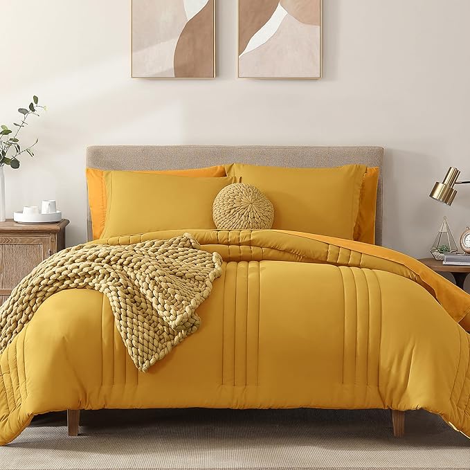 Monbix King Size Comforter Set - 7 Pieces Bed in a Bag King, Bright Yellow Bedding Sets with Comforter, All Seasons Down Alternative Comforter Bed Set with Sheets, Pillowcases & Shams
