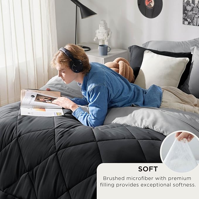 Bedsure Twin Comforter Set - 5 Pieces Reversible Black Bedding, Twin Size Bed Set for All Seasons, Bed in a Bag with Down Alternative Comforter, Sheets, Pillowcase & Sham