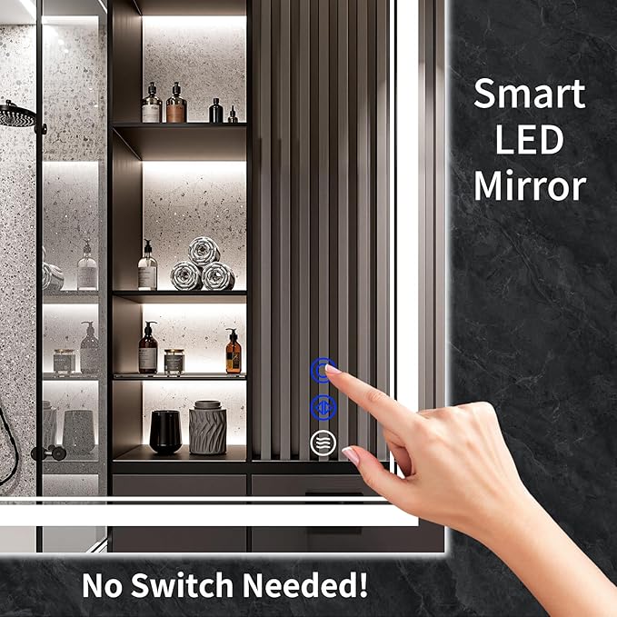 40"x36" LED Bathroom Mirror with Anti-Fog, Stepless Dimmable Lights, 3 Color Modes, Shatter-Proof Tempered Glass, Memory Function & Waterproof Design