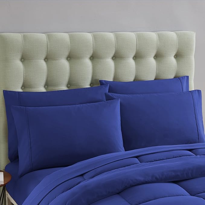 Sweet Home Collection 7 Piece Comforter Set Bag Solid Color All Season Soft Down Alternative Blanket & Luxurious Microfiber Bed Sheets, Royal Blue, Twin XL