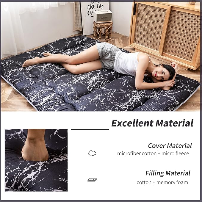 MAXYOYO Black Marble Printed Japanese Futon Floor Mattress, Thicken Sleeping Pad, Roll Up Camping Bed, Folding Couch Topper for Guests, Queen Size
