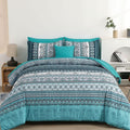 Cottolester Boho Queen Comforter Set 8 Pieces, Teal Comforter Bohemian Striped Bed in A Bag,Soft Microfiber Bedding Set for All Seasons