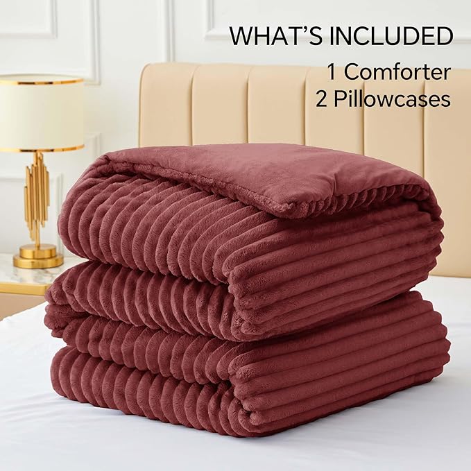 BEDELITE Fleece Queen Comforter Set -Super Soft & Warm Fluffy Burgundy Bedding, Luxury Fuzzy Heavy Bed Set for Winter with 2 Pillow Cases