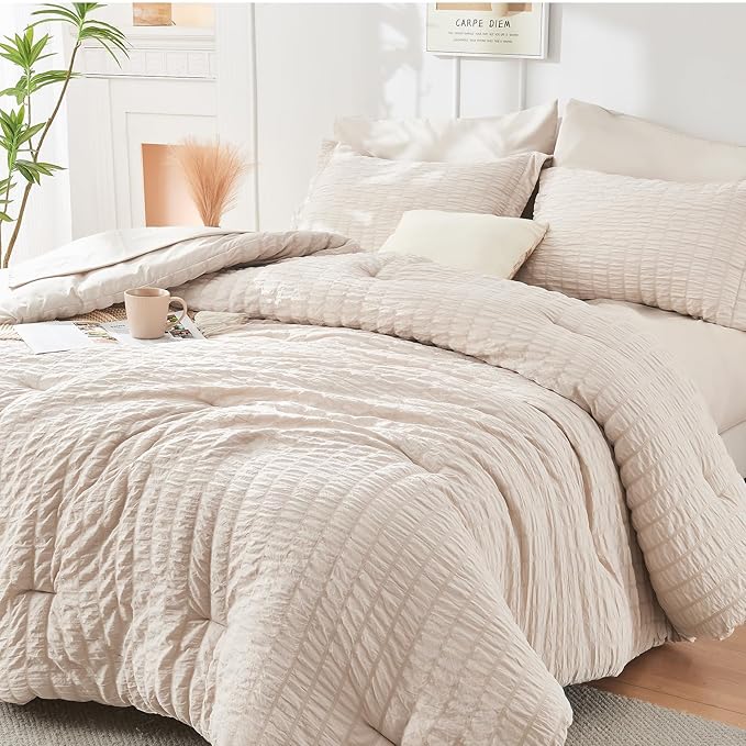 HYMOKEGE Beige Twin Comforter Set Seersucker 5 Pieces, All Season Luxury Bed in a Bag for Bedroom, Bedding Set with Comforters, Sheets, Pillowcase & Sham