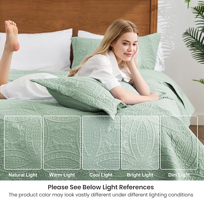 Love's cabin Quilts for Full Bed Sage Bedspreads Bedding Set - Lightweight Bedspread Comforter - Coin Pattern Bedding Coverlet for All Season - 3 Pieces (1 Quilt, 2 Pillow Shams)