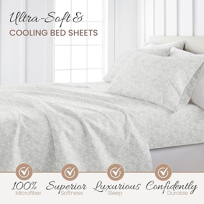 Linen Market Double-Brushed Patterned Microfiber Queen Sheet Set 4 Piece – Oeko-TEX Certified Ultra Soft & Wrinkle-Free - 16" Deep Pocket Sheets - Easy Care Queen Size - Coarse Paisley Light Gray