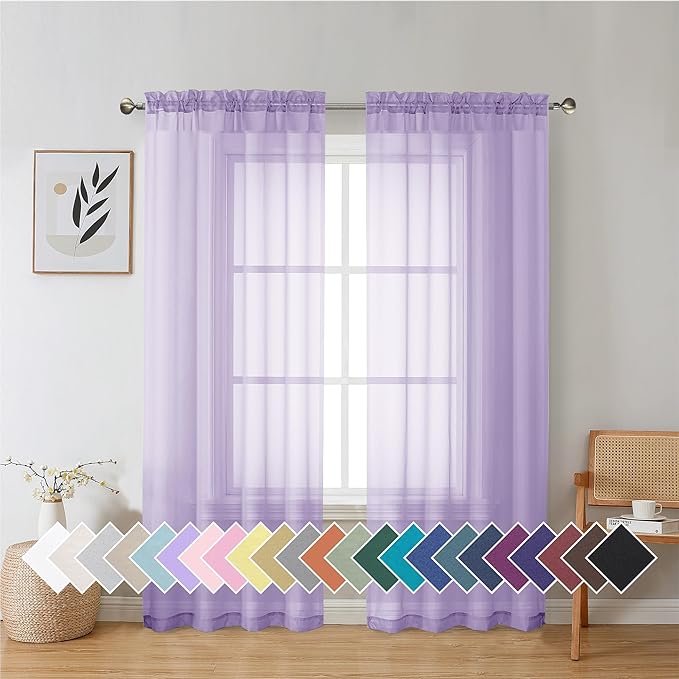 Aiyufeng Light Purple Sheer Curtain Panels Pair Sold 72 Inch Length, Light Filtering Window Curtain Drapes Treatment for Kitchen, Bedroom/Children Room, Voile Top Dual Rod Pocket, 2 Pack of 42 x 72"