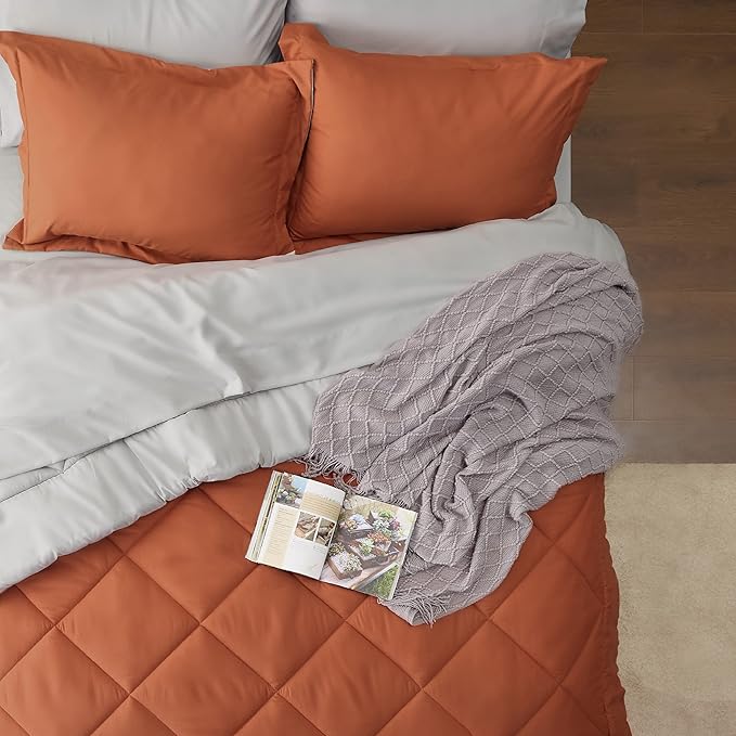Bedsure Twin XL Comforter Set - 5 Pieces Reversible Burnt Orange Bedding, Twin XL Size Bed Set for All Seasons, Bed in a Bag with Down Alternative Comforter, Sheets, Pillowcase & Sham
