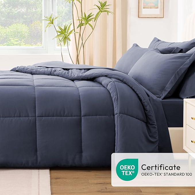 Love's cabin Twin Comforter Set Indigo Blue, 5 Pieces Twin Bed in a Bag, All Season Bedding Sets with 1 Comforter, 1 Flat Sheet, 1 Fitted Sheet, 1 Pillowcase and 1 Pillow Sham