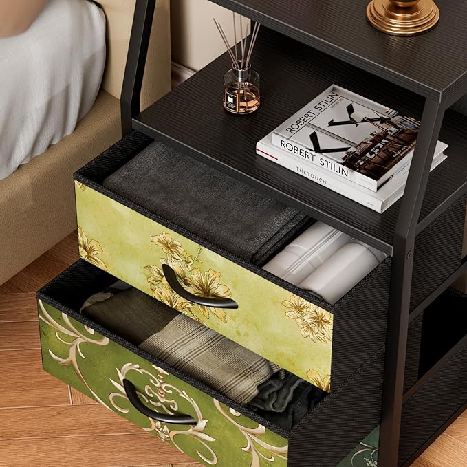 Furnulem Retro Night Stand with 3 Drawers and 2-Tier Shelf, Small Nightstand Side Table, Vintage Storage Dresser for Bedroom, Fabric Drawer Organizer for Closet, Beside Furniture