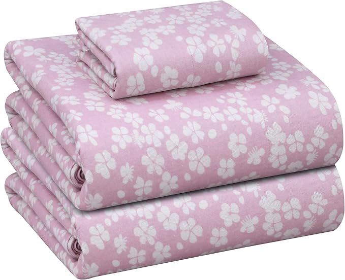 RUVANTI Flannel Sheets Twin Size - 100% Cotton Double Brushed Twin Sheets Set, Deep Pockets 16 Inches, All Seasons Breathable & Extra Soft Bed Sheets, Warm & Cozy, 3 Piece, Pink Flora