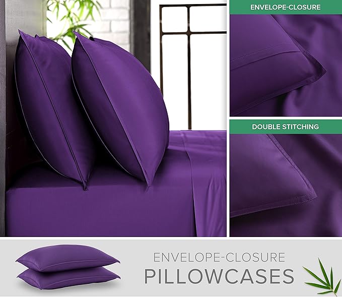 Queen Sheets by Pure Bamboo, Genuine 100% Organic Viscose Derived from Bamboo Bed Sheet Set, Luxuriously Soft & Cooling, Double Stitching, Lifetime Quality Promise (Queen, Purple)