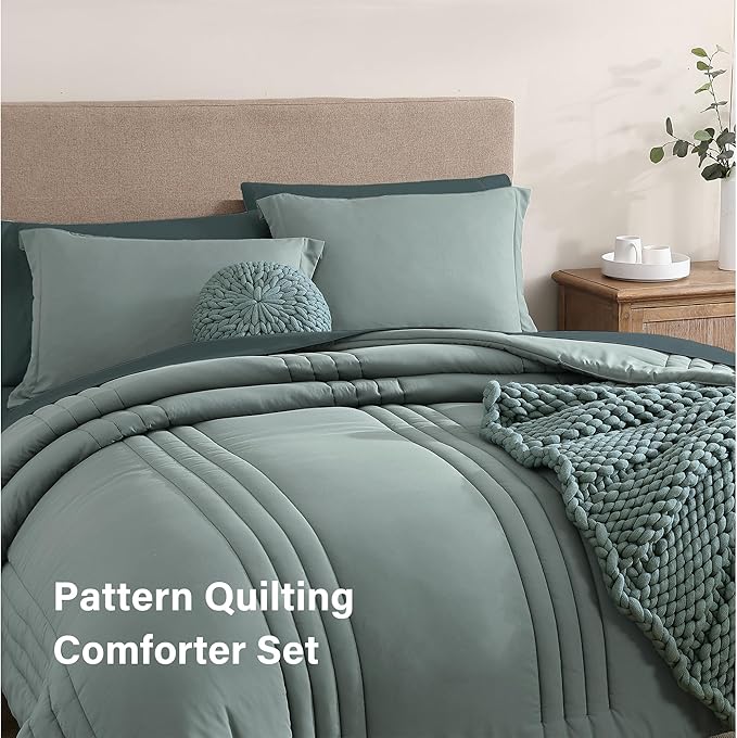 Monbix Oversized Queen Comforter Set - 7 Pieces Sage Green Bed in a Bag Queen Bedding Sets with Comforters, All Seasons Down Alternative Comforter Bed Set with Sheets,Pillowcases & Shams