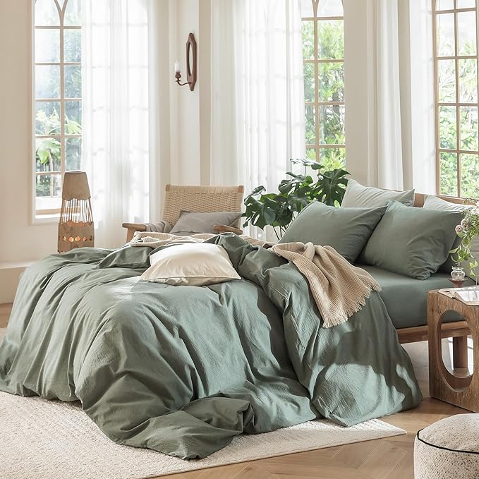 MooMee Bedding Duvet Cover Set 100% Washed Cotton Linen Like Textured Breathable Durable Soft Comfy (Heathered Green, Super Queen 90"x98")