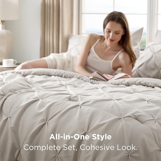 Bedsure Queen Comforter Set Linen - Bed in a Bag Queen Size Bedding 7 Pieces, GentleSoft™ Pintuck Bed Set Gift for Family, Pinch Pleat All Season Comforter with Sheets, Pillowcases & Shams