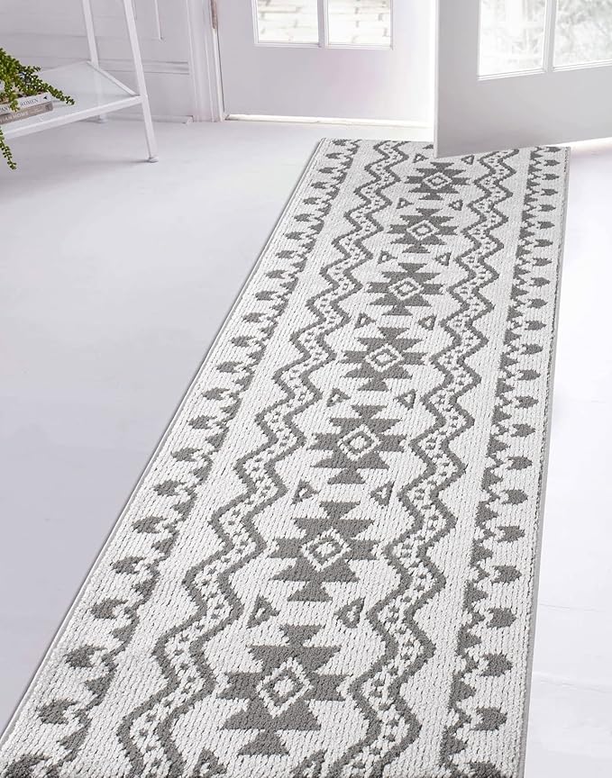 Custom Size Southwestern Style Runner Rug Mat for Wide Hallway Entryway Kitchen Laundry Room with Slip Resistant Latex Rubber Backing, Aztec Light Grey, 31 inch X 12 feet
